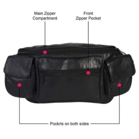 New Men's Genuine Leather Fanny Pack Black - Picture 4 of 9
